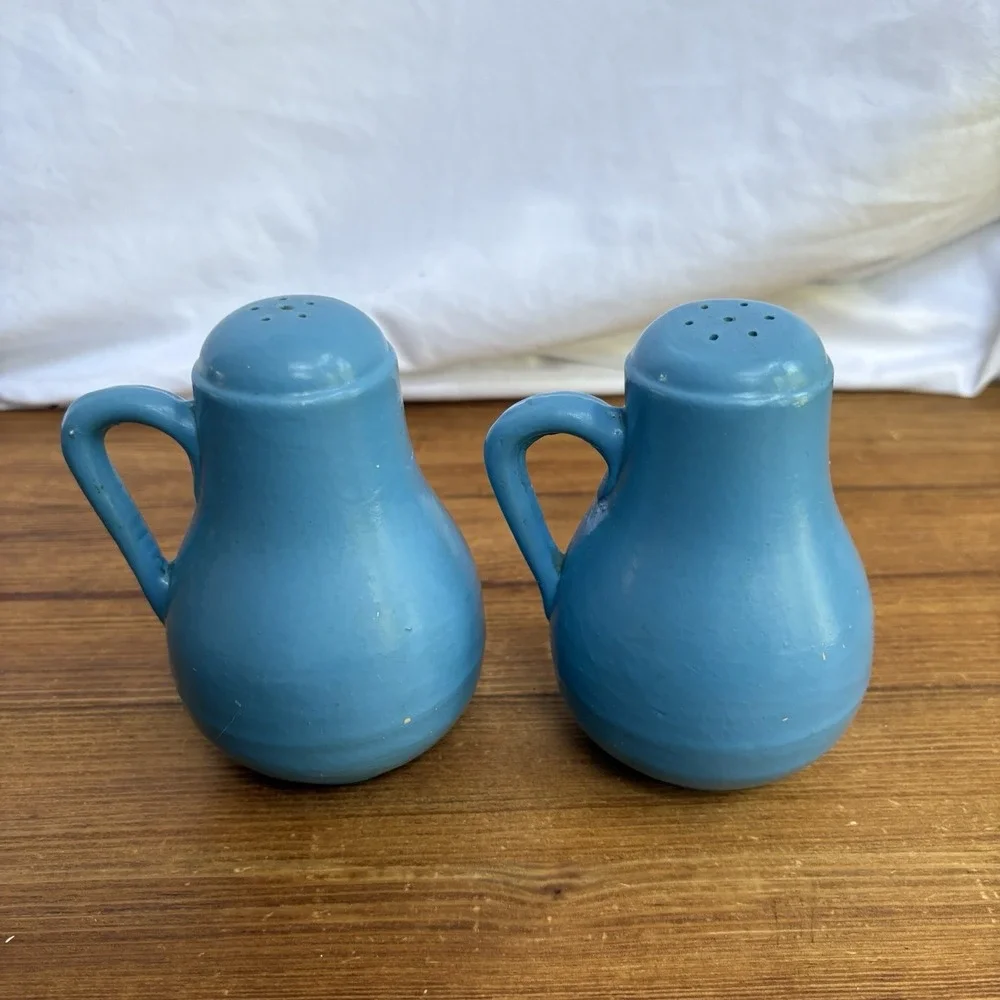Vintage Ransburg Pottery Blue Floral Hand Painted Salt Pepper Shakers MCM